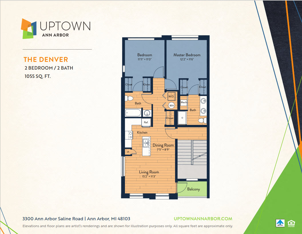 Floor plan for 2 beds, 2 baths, 1055 sqft